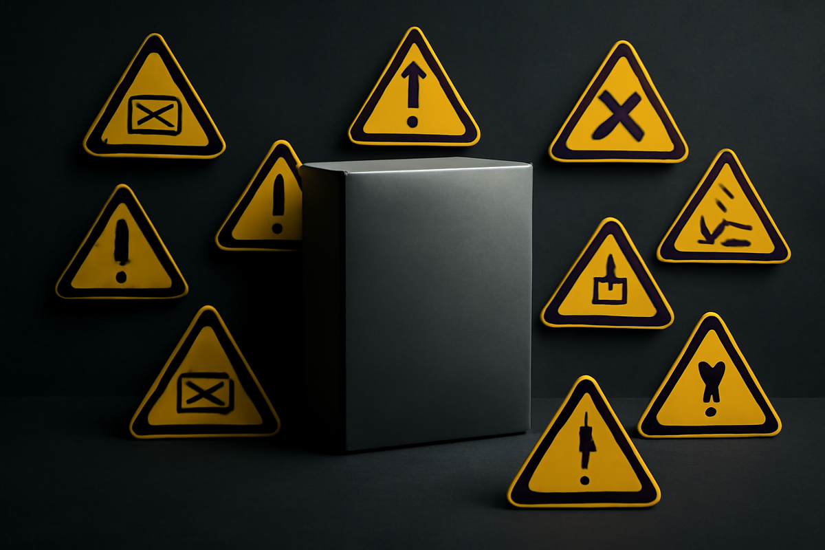 Hazard wall around a plain product box—warning triangles for missed emails, unmet conditions, fake sites, and duplicate accounts—caution-first energy, scam-proof awareness