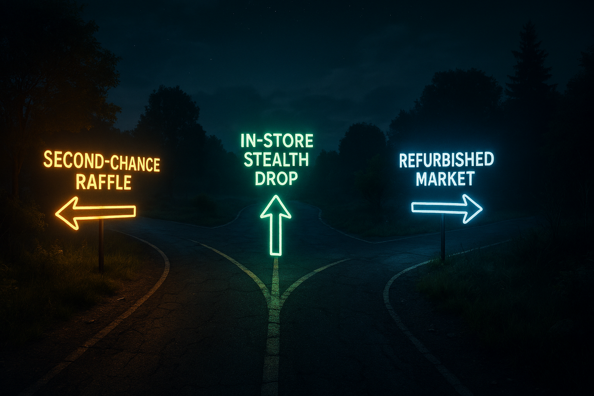 Forked night road with glowing signposts—second-chance raffle, in-store stealth drop, refurbished market—resilient hope, choose-your-path momentum after a miss