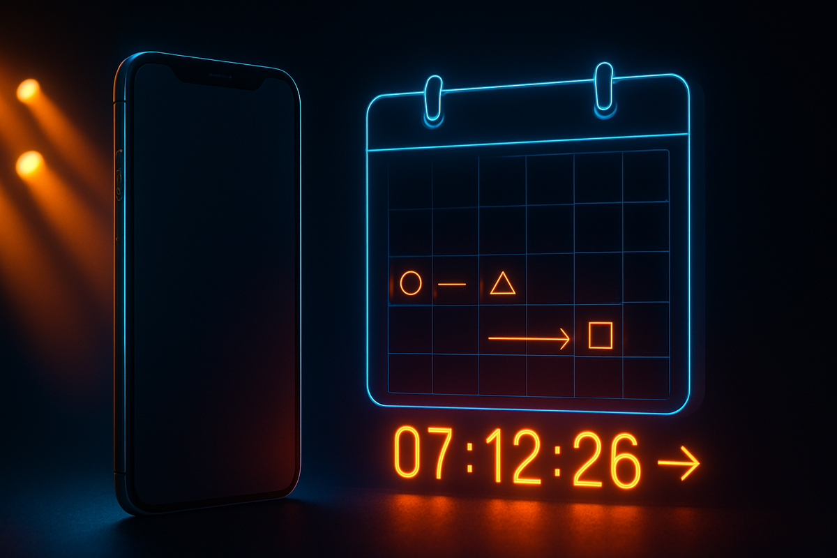 Neon phone beside a glowing calendar with countdown digits—announcement → preorder → launch—iPhone 17 Air release timeline prediction, urgent hype energy turning into hopeful clarity