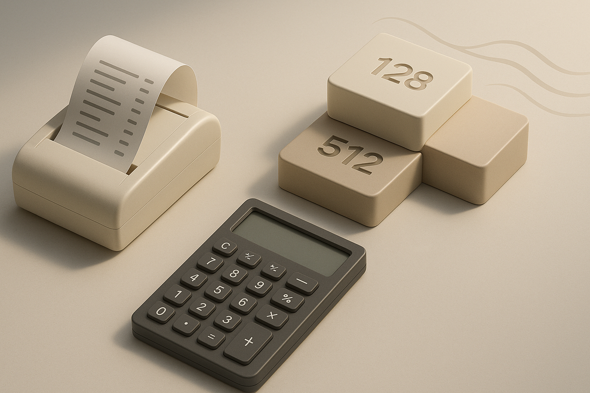 Receipt printer and calculator with storage blocks labeled 128 and 512—clean tiered pricing desk—iPhone 17 Air price forecast under FX headwinds, transparent budgeting, serene confidence