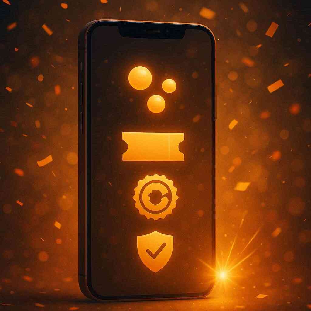 Phone UI showered in confetti—points orbs, coupon ticket, trade-in badge, installment shield—imagined Rakuten-style campaign perks for iPhone 17 Air, joyful savings spark and warm thrill