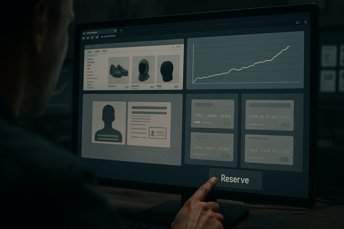 War-room monitor with ID/KYC panels, payment cards, and rising chart—finger pressing “Reserve”—preorder strategy for iPhone 17 Air, laser-focus tension and victory momentum