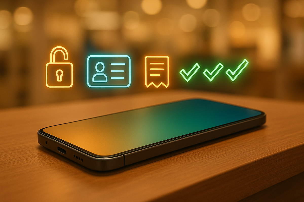 Unlocked padlock, ID card, receipt, and triple green checks floating above a SIM-free iPhone on a store counter—how to buy iPhone body-only at BicCamera with no carrier contract, minimal requirements, calm freedom energy