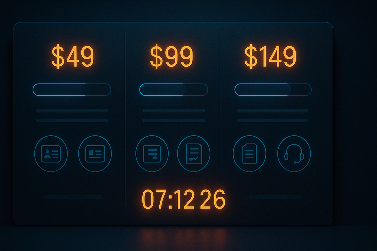 Glowing price-tier comparison cards with countdown timer—BicCamera vs Apple Store vs other retailers—real total cost with points, fees, and support at a glance, decisive choose-the-best urgency