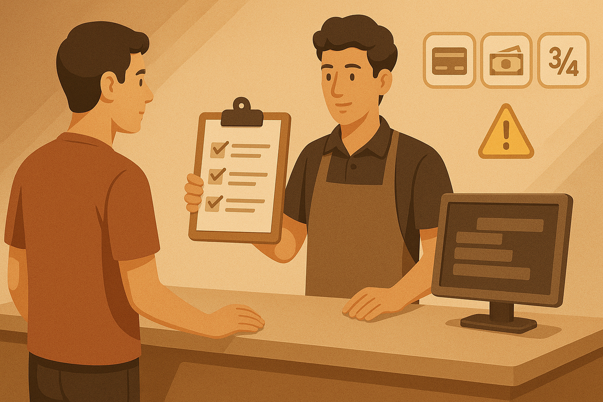 Store-counter checklist moment—staff showing ticked items to a customer—step-by-step flow to buy iPhone body-only at BicCamera, payment options and hidden-trap warnings—friendly, reassuring clarity
