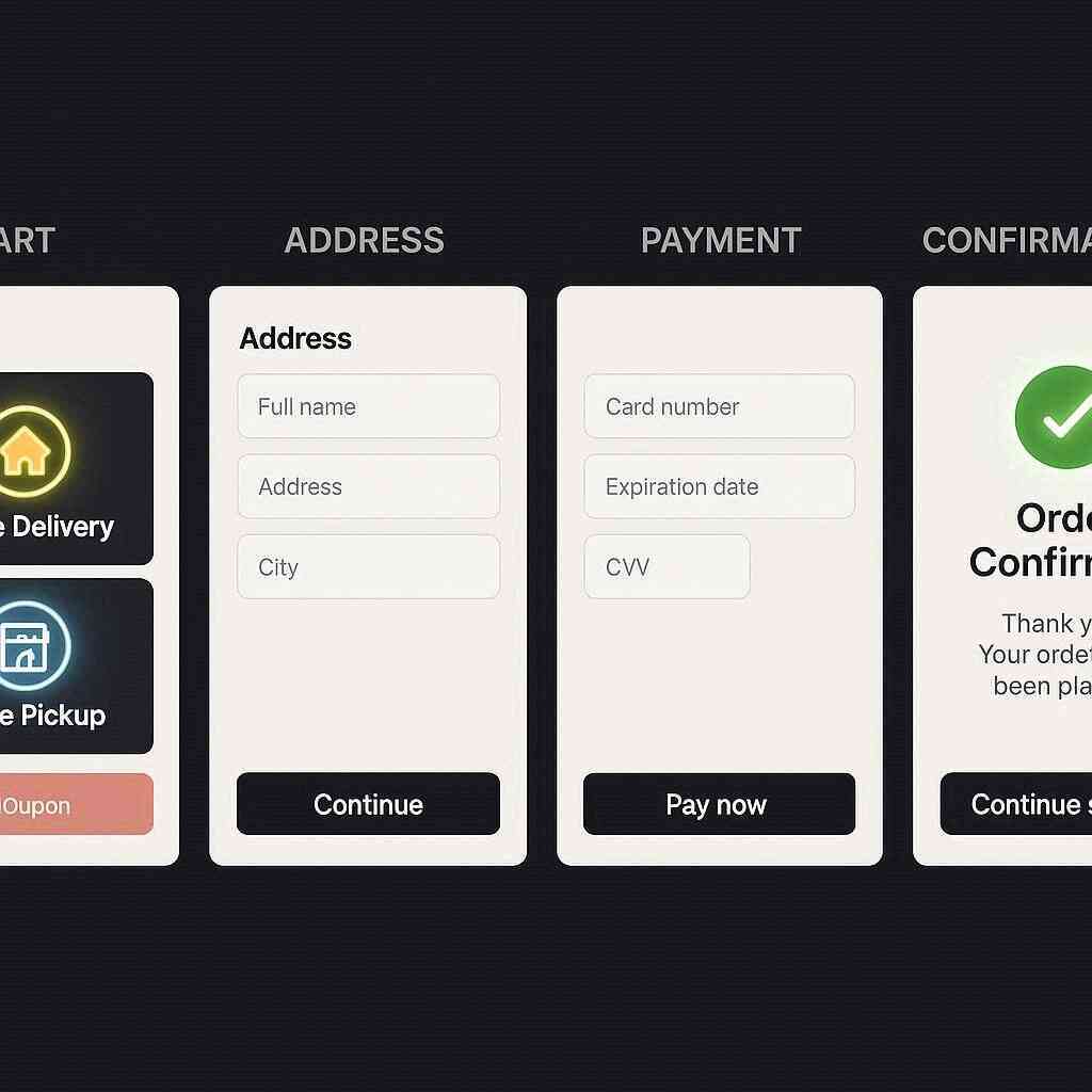 Clean online checkout wizard—Cart → Address → Payment → Confirmation—how to order a SIM-free iPhone on BicCamera.com with home delivery or in-store pickup—smooth, low-stress journey vibes