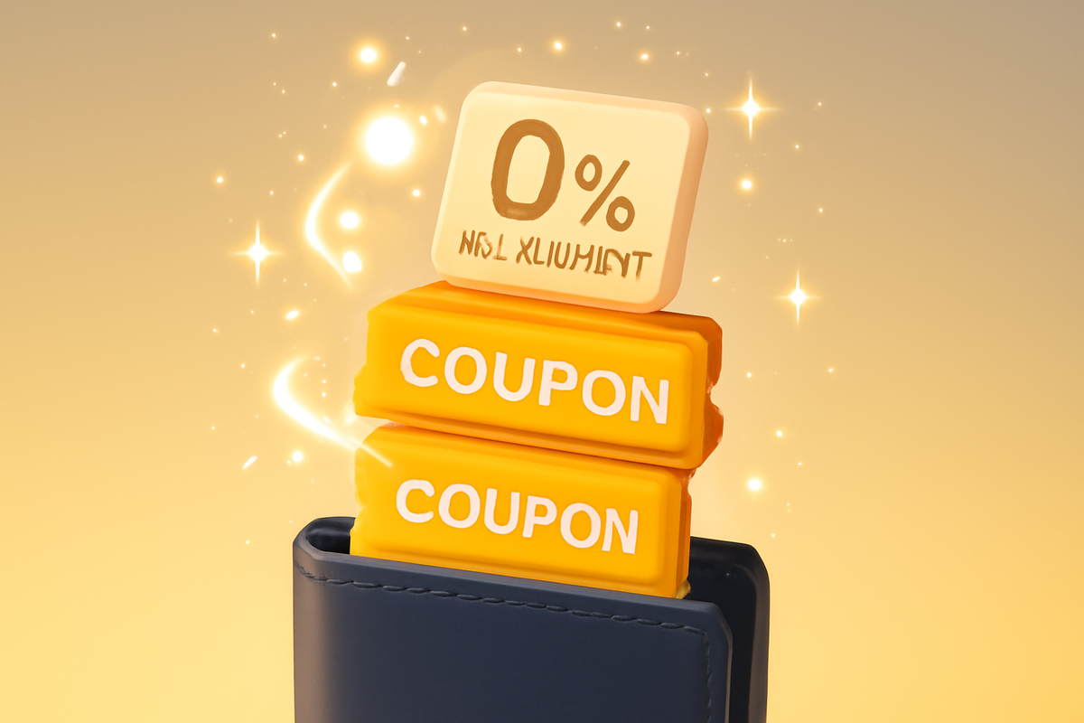 Sparkling wallet launching a “0%” tile and bright COUPON blocks—maximize Bic Points, limited-time campaigns, and trade-in combos—joyful savings rush for smart iPhone buyers
