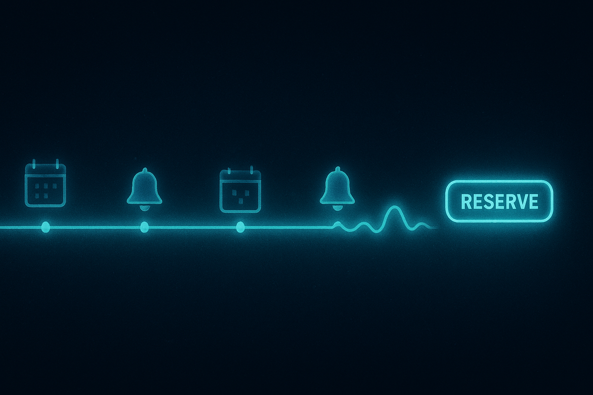 Neon timeline of calendars and alert bells ending at a bold RESERVE button—stock timing, restock alerts, and reservation strategy for popular iPhone models at BicCamera—calm, tactical focus