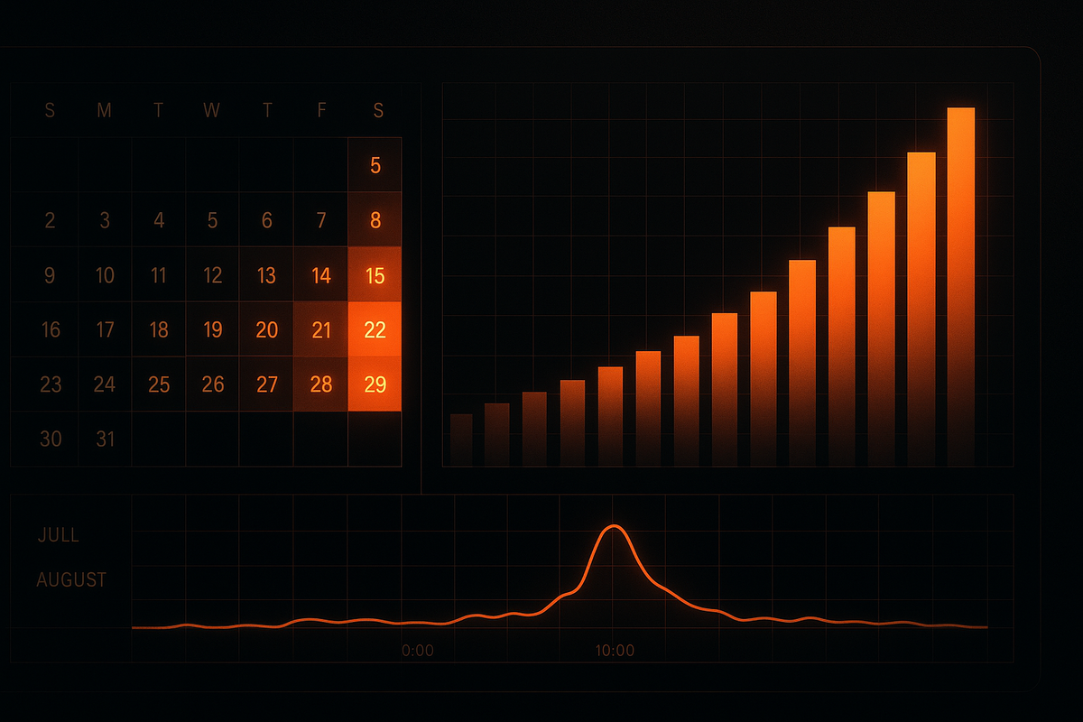Calendar heatmap highlighting Fridays, rising bar chart and 10:00 time-of-day spike—Switch2 stock trend analysis for June–August, data-driven insight, tense anticipation turning into optimism