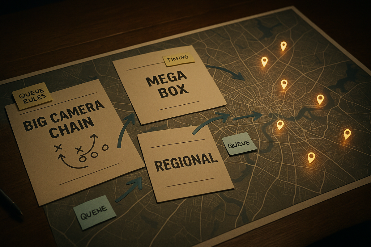 War-room strategy map with glowing location pins and cards labeled BIG CAMERA CHAIN / MEGA BOX / REGIONAL—Friday store-hopping route planning, tactical calm, decisive hunting energy