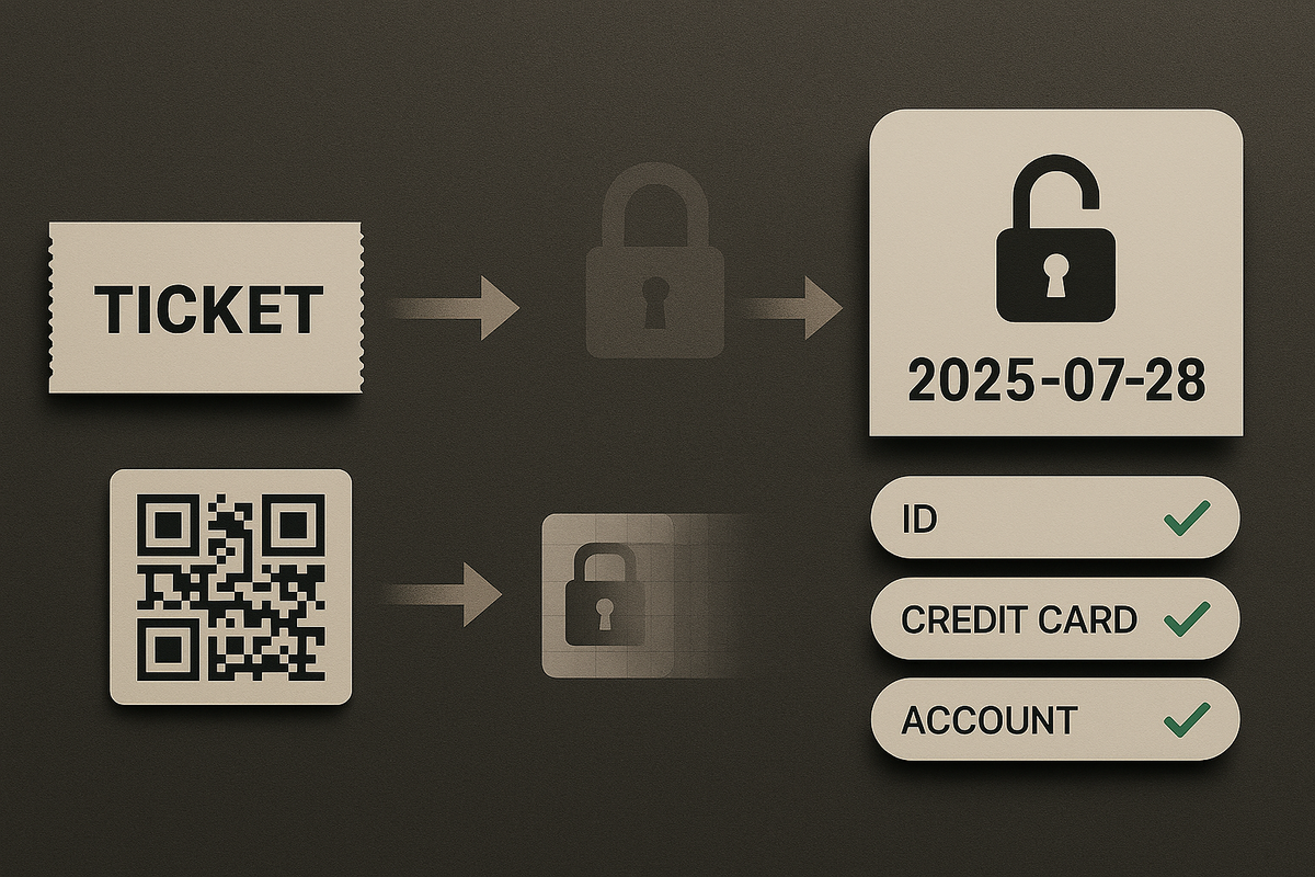 Ticket and QR progressing into an unlocked padlock dated 2025-07-28 with ID / CREDIT CARD / ACCOUNT checkmarks—rule relaxation timeline, requirements simplified, sweet relief for buyers