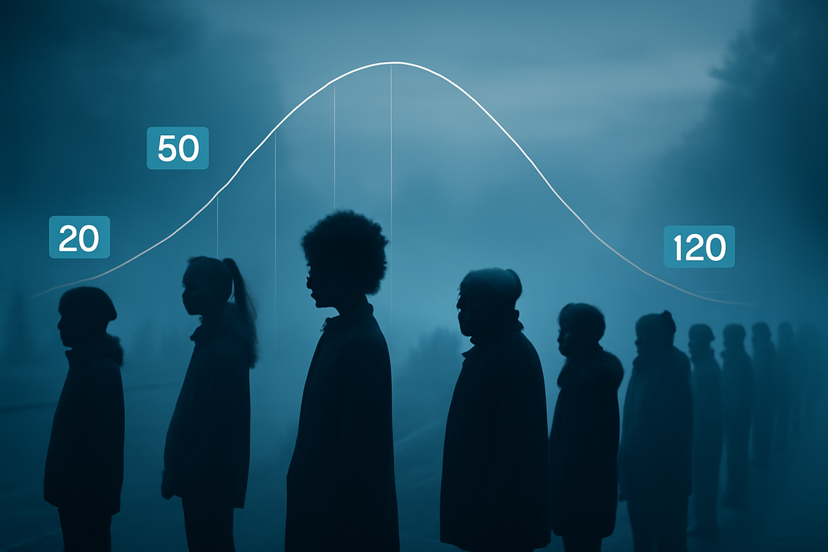 Pre-dawn queue silhouettes under a glowing bell curve with 20 / 50 / 120 markers—realistic line size vs odds for Switch2, gritty competition, anxious yet hopeful determination