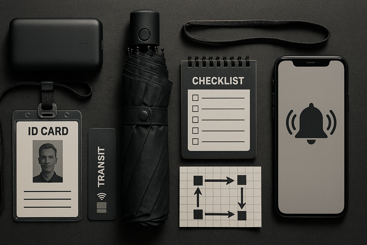 Flat-lay survival kit: ID card, transit pass, power bank, umbrella, checklist, flowchart card and phone alert—Friday drop essentials, calm readiness, confident path to victory