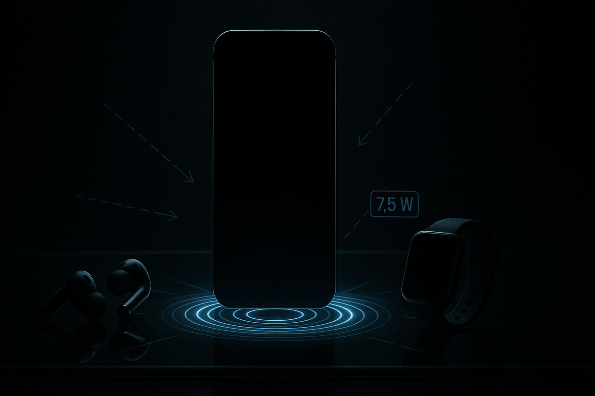 Silhouetted phone radiating concentric charge rings—rumored iPhone 17 Pro reverse wireless charging at 7.5W powering a smartwatch and wireless earbuds; stealthy neon lab vibe, urgent leak energy