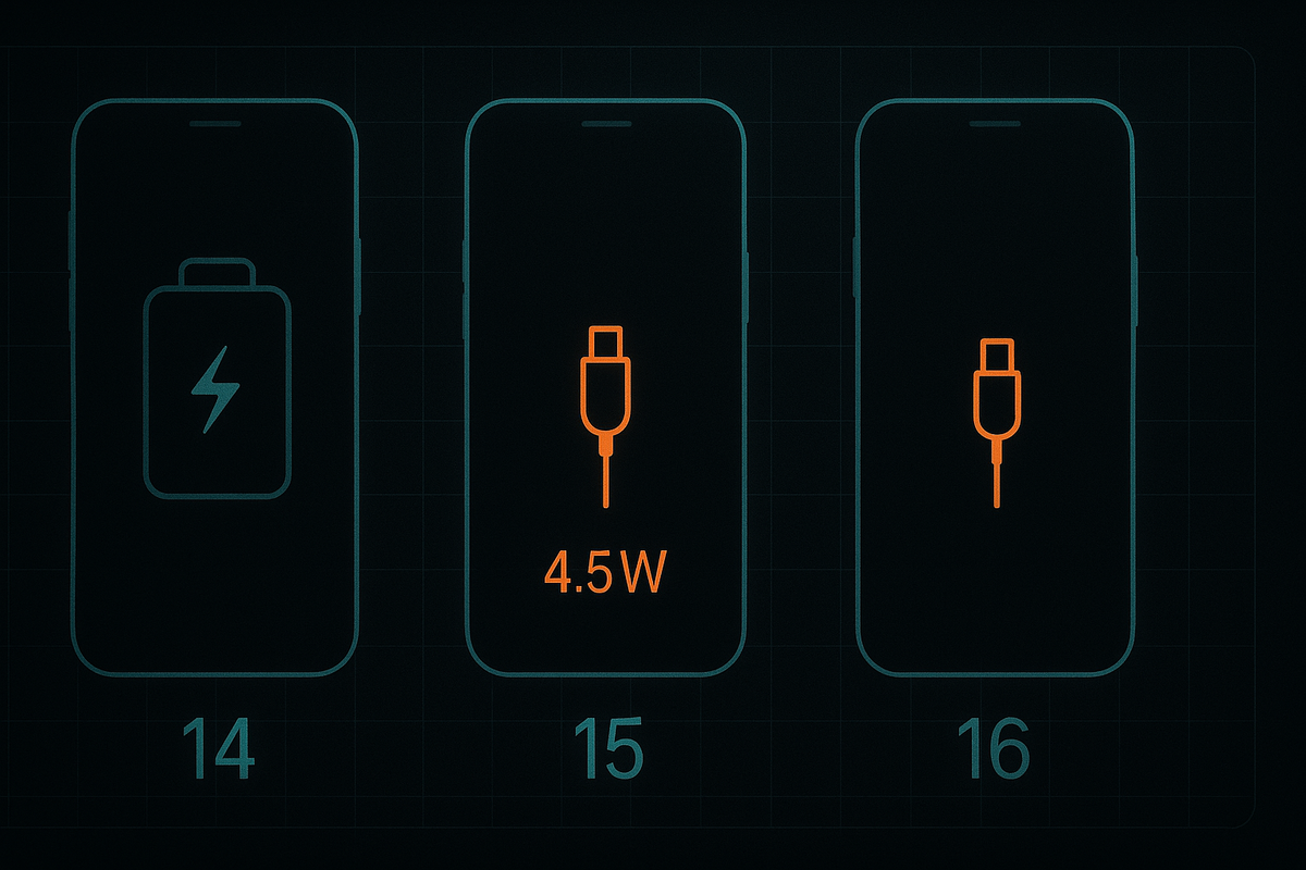 Side-by-side timeline of iPhone 14/15/16—14 shows accessory-only share, 15/16 show USB-C reverse charging at 4.5W—clean comparison that spotlights the gap before true wireless arrives