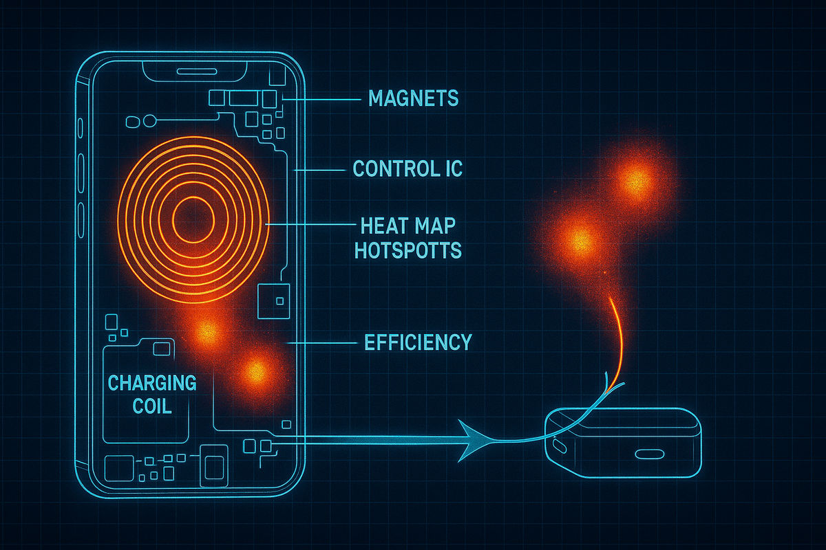 X-ray blueprint of a phone: MagSafe-style magnet ring, charging coil, control IC, glowing heat-map hot spots, arrow to an earbud case—how Qi alignment, efficiency, and thermal limits shape reverse wireless