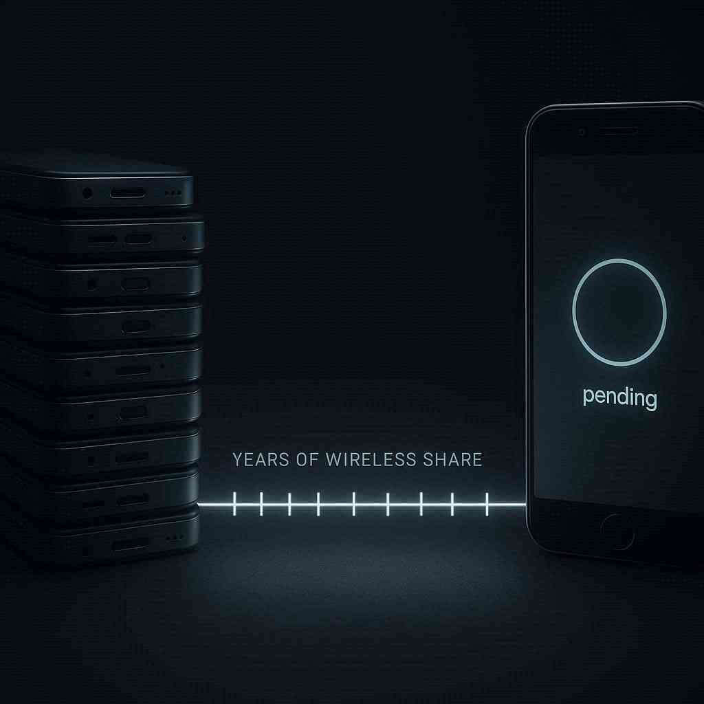 Dark timeline with a stack of rival Android phones on the left and an iPhone screen reading “pending” on the right—years of wireless power share vs Apple’s careful delay; dramatic patience and tension