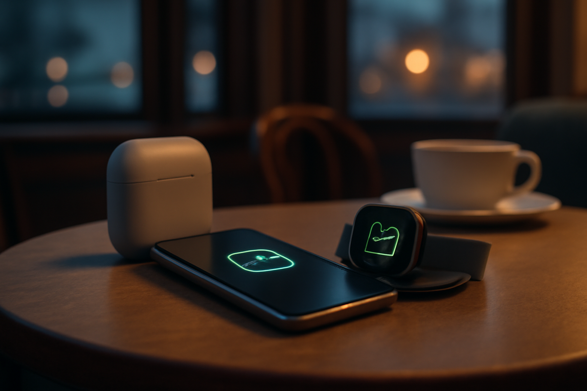 Cozy café table at dusk—phone wirelessly topping up a smartwatch while earbuds rest nearby—real-life reverse charging rescue, calm green heartbeat icons, warm hope for travel emergencies