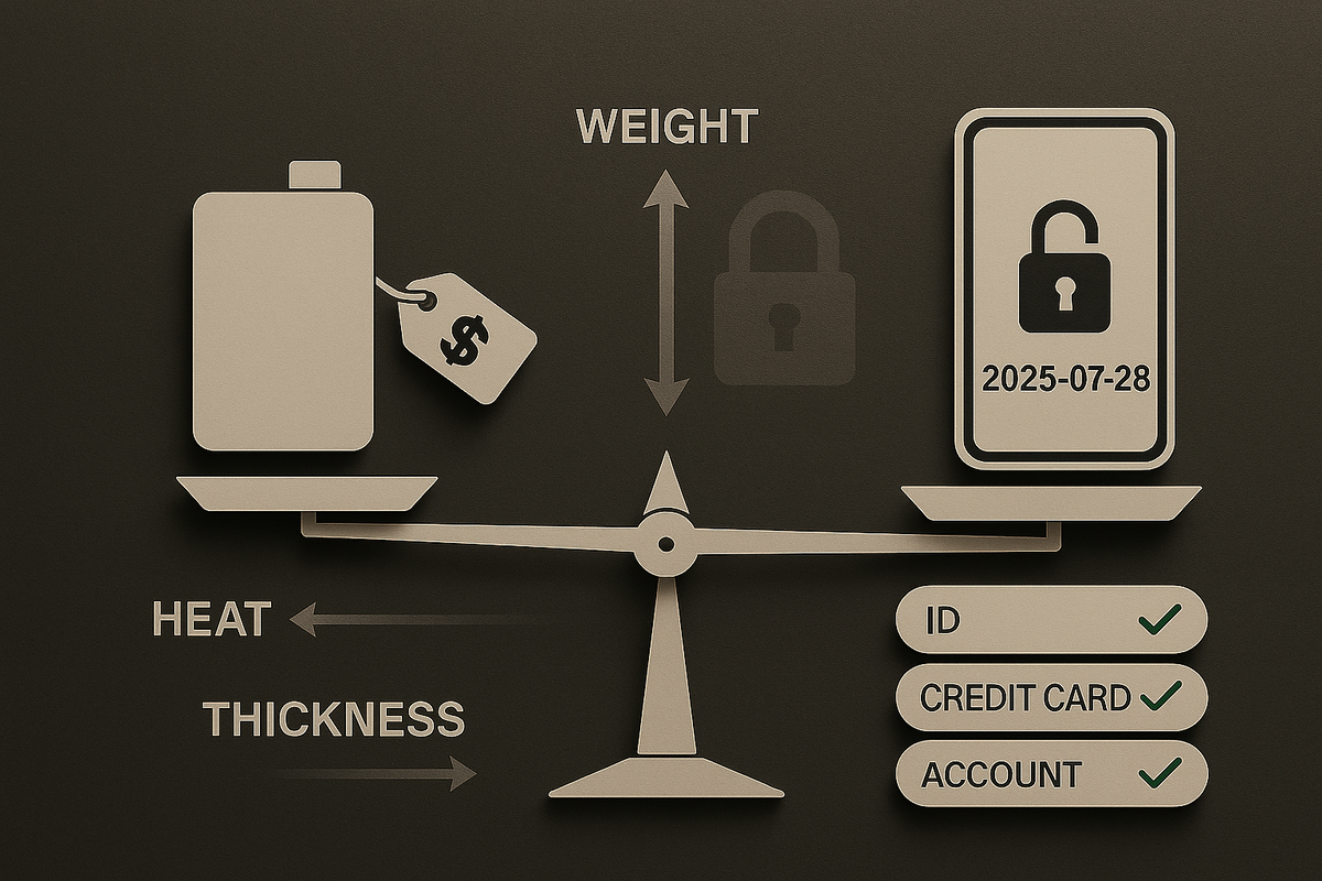 Engineering trade-off scale—battery size, heat, thickness, and cost weighing against a software-locked phone panel with a future unlock date—why iPhone 17 Pro reverse wireless may be Pro-only and pricier