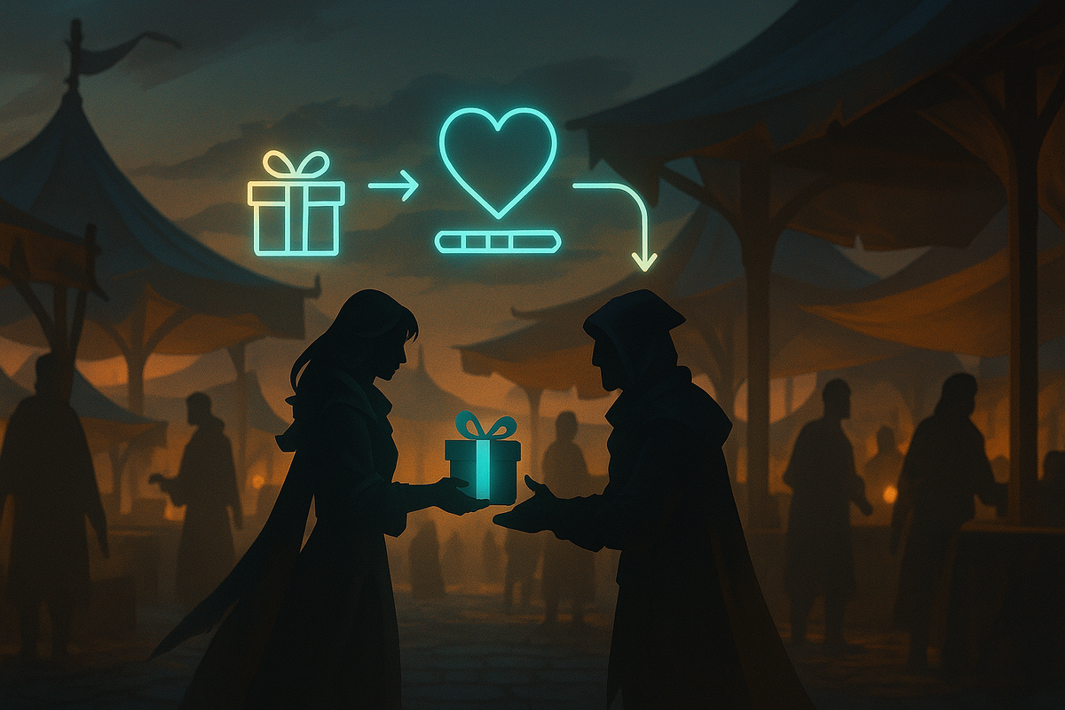 Cozy night bazaar silhouettes exchanging a wrapped gift—gift → heart bar flow—how the favorite-item system boosts relationships, events, and marriage in a farming-sim town; warm glow, storybook charm, strategic romance