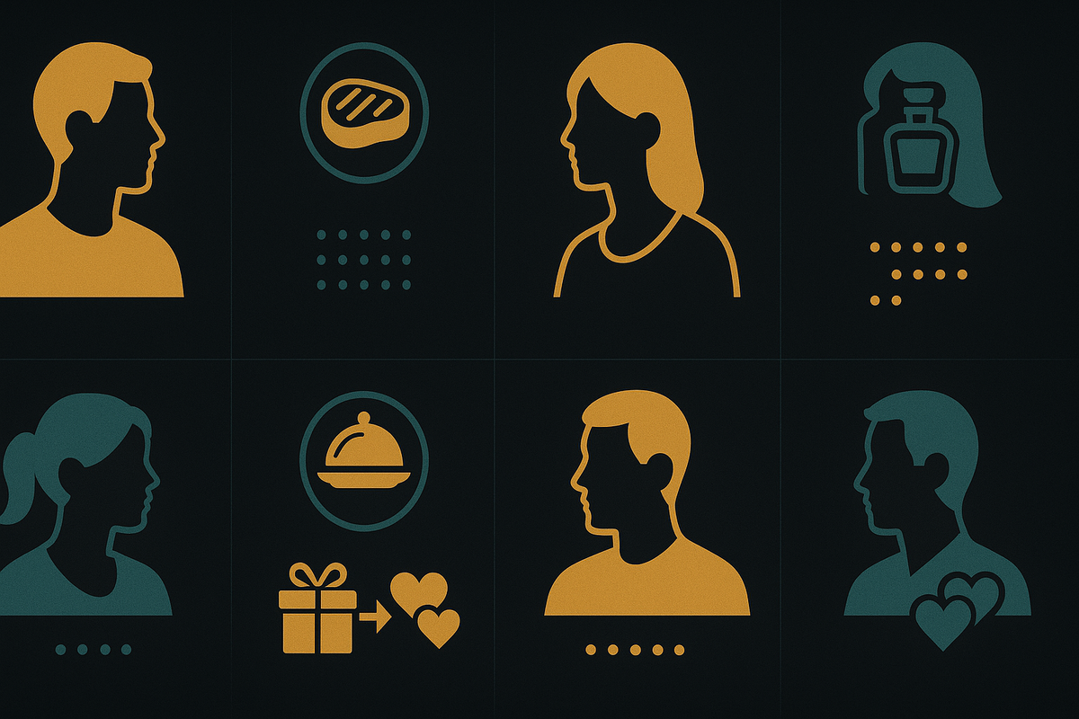 Marriage-candidate favorites cheat sheet—male & female icons with food/perfume badges—one-glance gift strategy grid to max affection; clean minimalist UI, data-driven, satisfying order