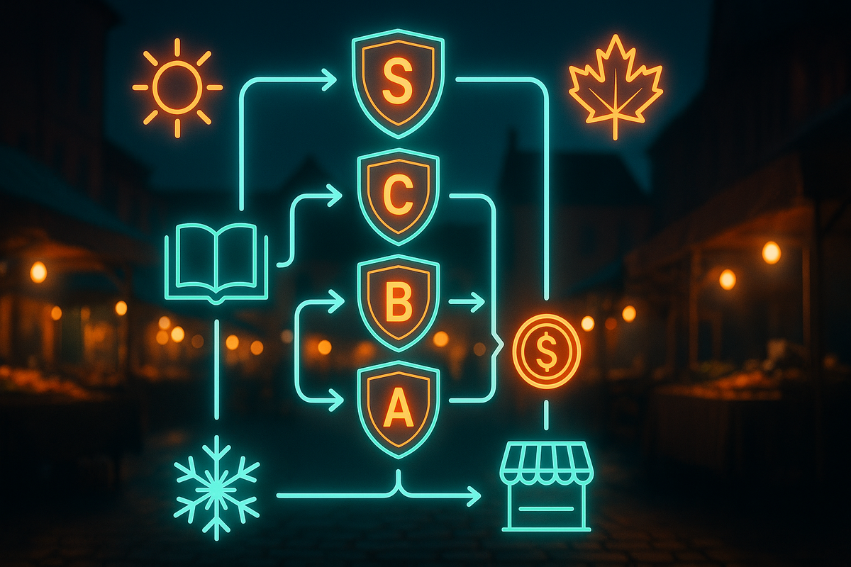Neon rank-up flowchart at night market—S→C→B→A shields, season icons, coin and stall—story progression & bazaar rank strategy in one glance, decisive and thrilling