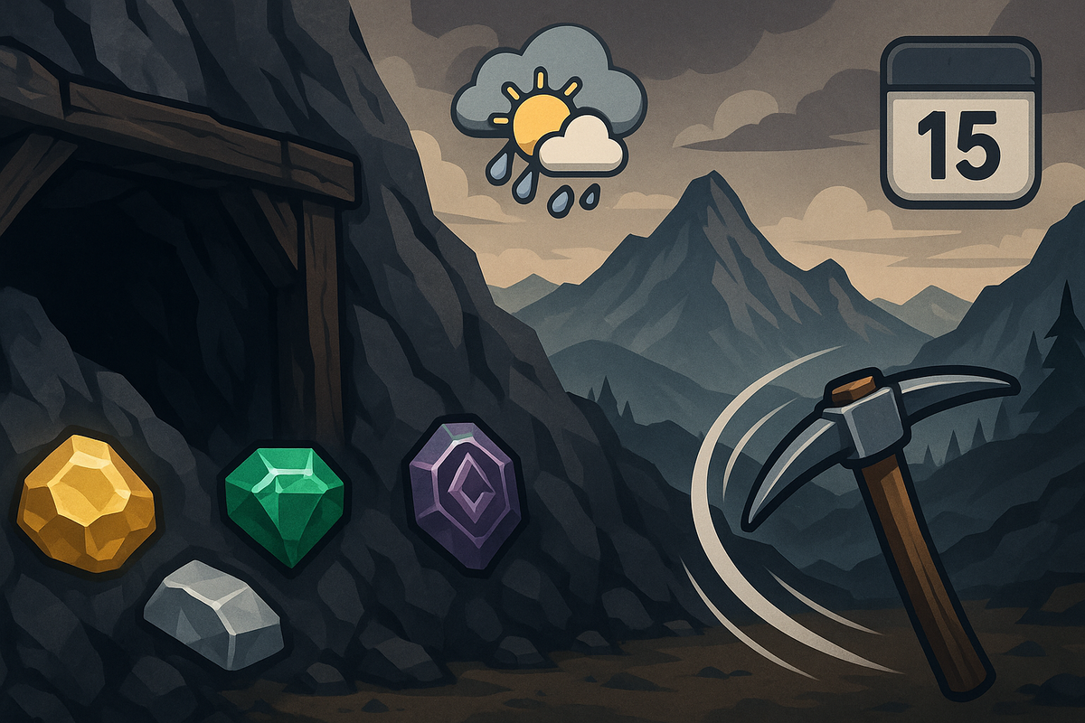 Mountain mine entrance with gold, silver, emerald, orichalcum and a swinging pickaxe—weather & day counter overlay—money-making routes and rare ore farming, gritty adventure energy