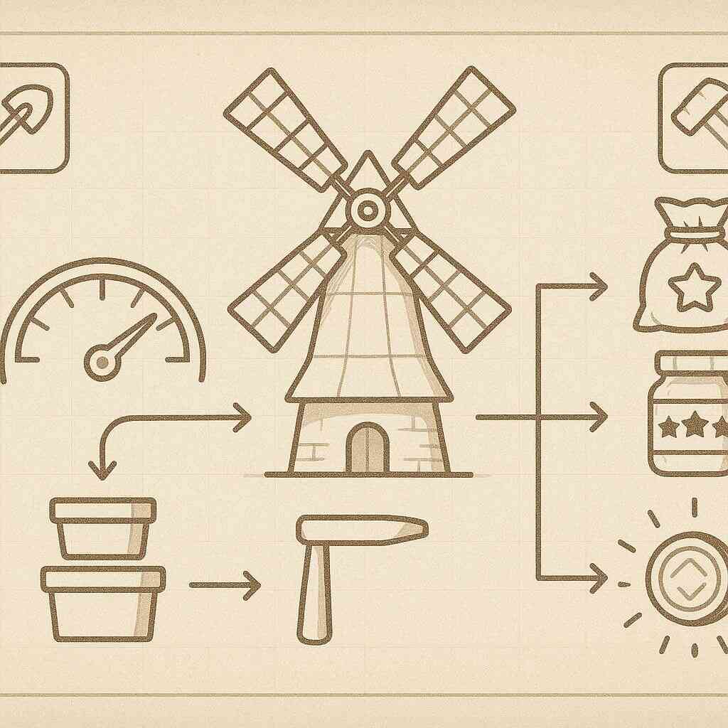 Sepia blueprint of a windmill processing line—speed gauge, input bins, cheese/jam outputs with star value—windmill & crafting mastery guide, satisfying optimization vibes