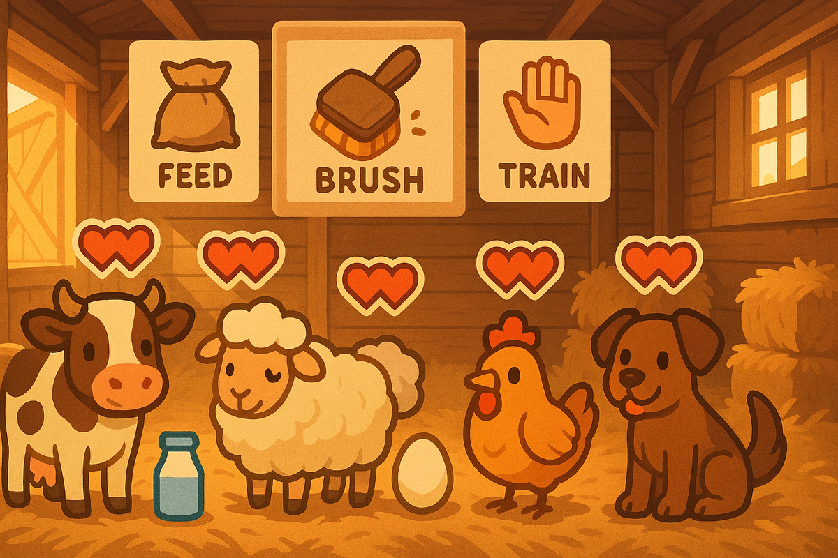Warm barn lineup—cow, sheep, chicken, and dog under FEED / BRUSH / TRAIN panels—hearts rising for friendship and high-quality produce, wholesome cozy-core