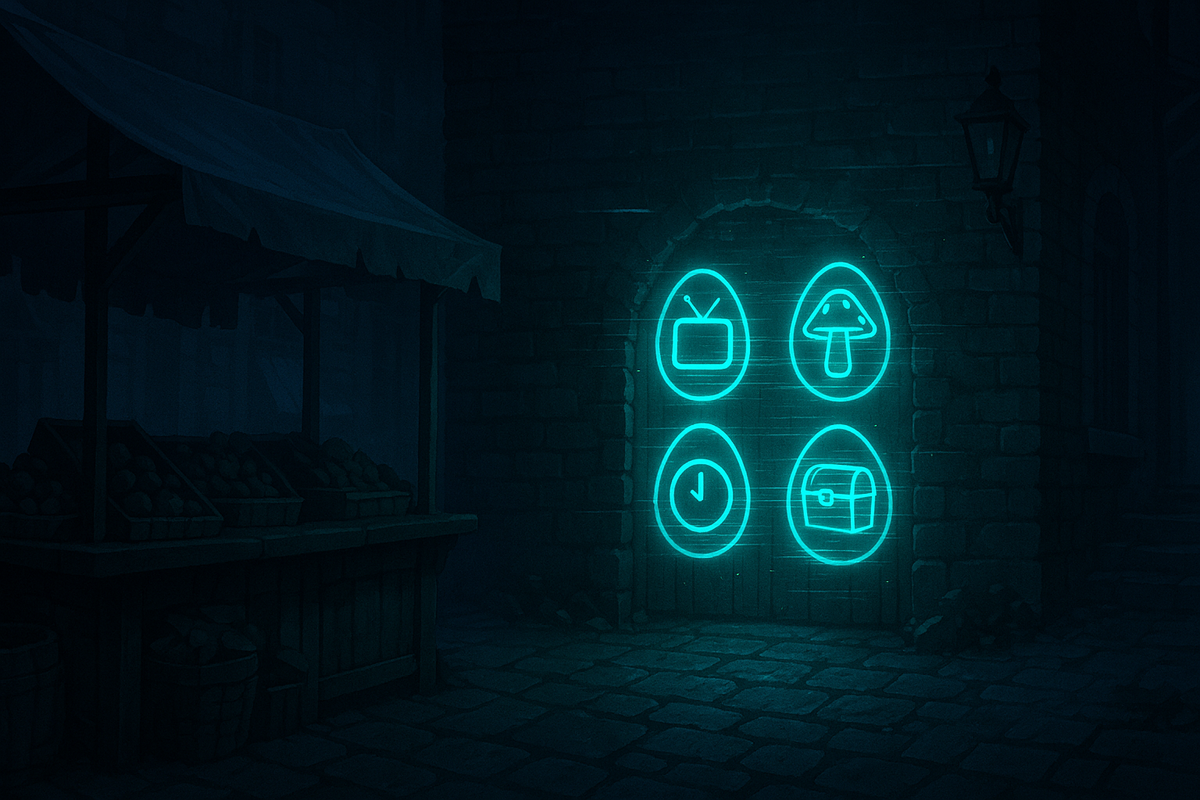 Hidden alley wall glowing with secret icons—TV, mushroom, clock, treasure chest—late-night easter eggs, glitches, and time-save tricks, mysterious neon curiosity```