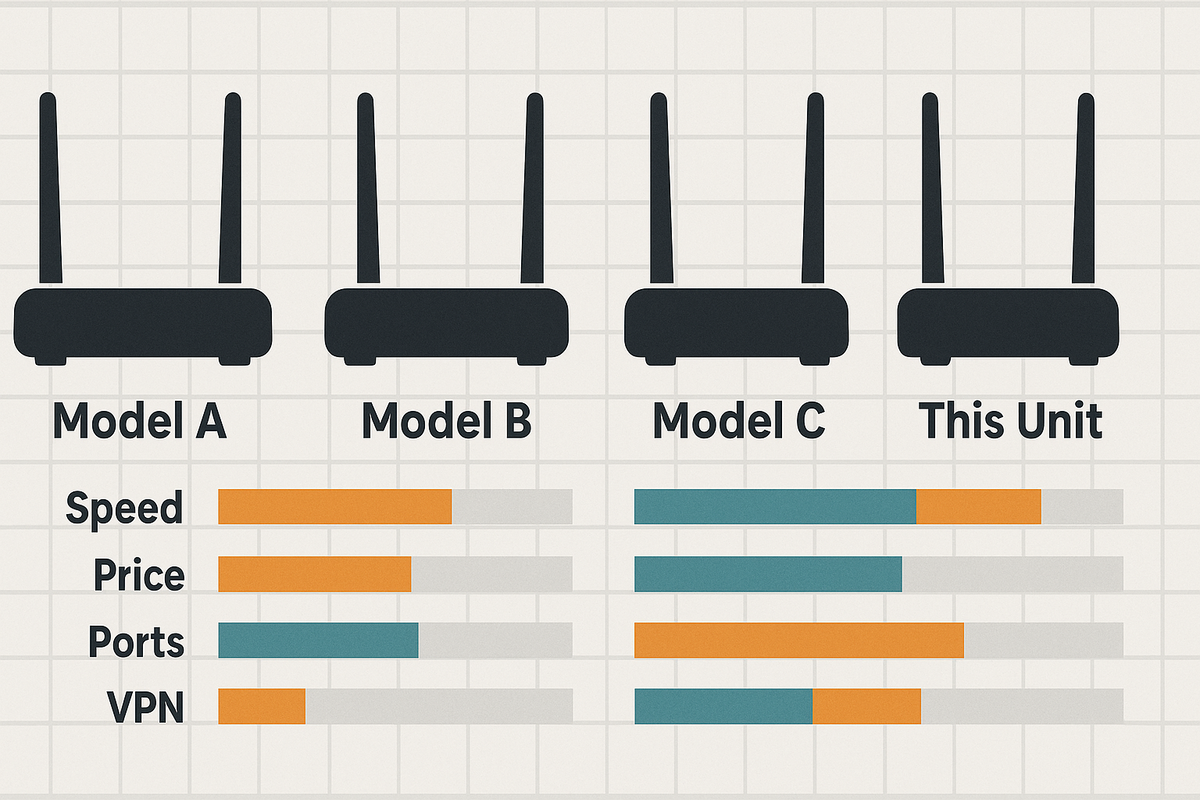 Side-by-side LTE router comparison—Model A/B/C vs This Unit—bars for speed, price, ports, VPN—decisive grid to spot the best value at a glance, buyer confidence