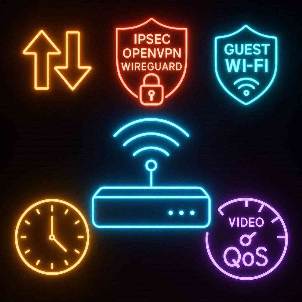 Glowing feature icons around a router—IPsec/OpenVPN/WireGuard, guest Wi-Fi, scheduler clock, QoS meter, up/down arrows—security-first, pro-grade control energy