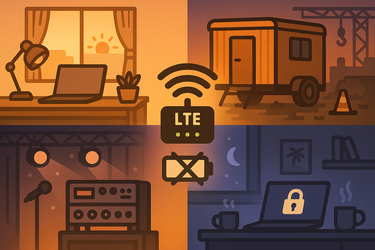 Four-scene montage—home office, construction trailer, live event rack, night remote work with lock—LTE router beaming reliable signal anywhere, rugged peace of mind