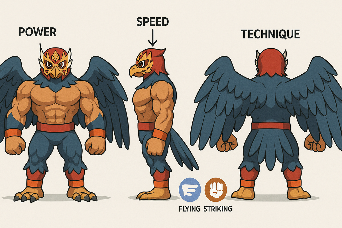 Character turnaround—front/side/back of a masked bird wrestler—POWER / SPEED / TECHNIQUE labeled; aerial grappler traits, clean sheet for move-set analysis