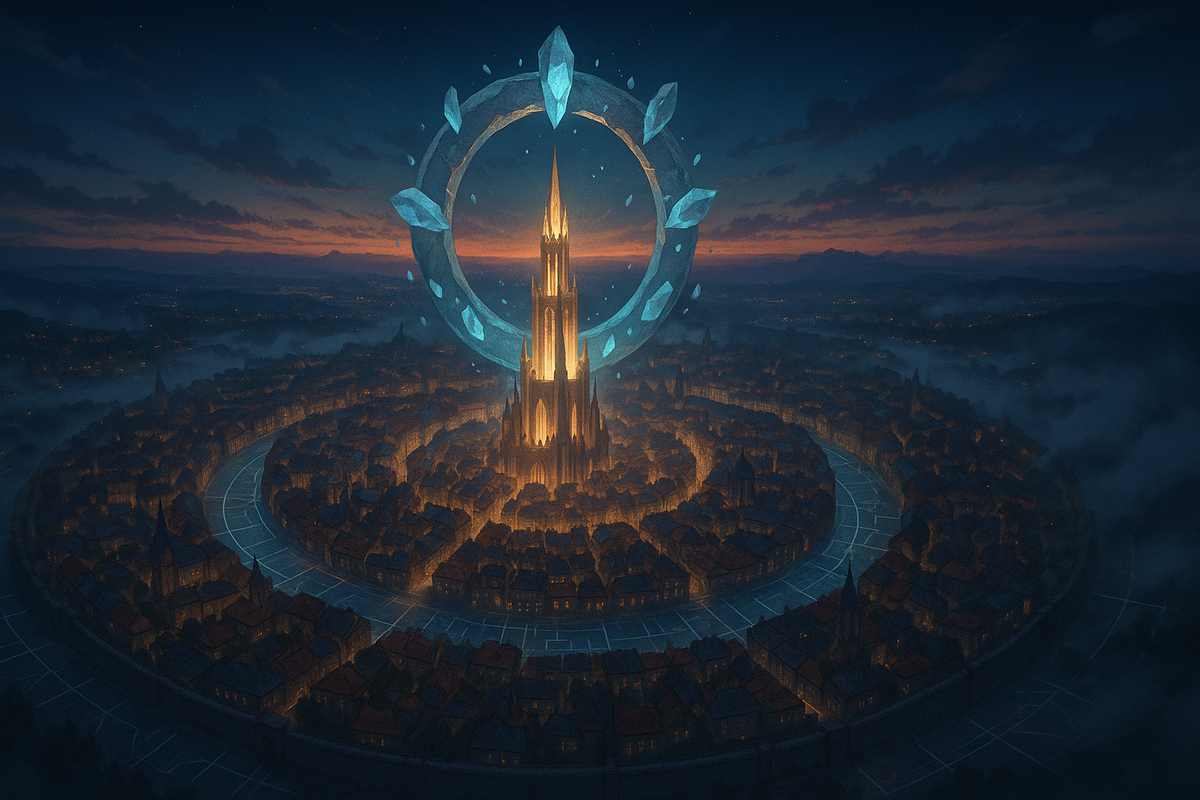 Ring-shaped metropolis at dusk with a glowing crystal halo and radiant central spire—mythic hub-city teaser for the new legends era; wonder, mystery, goosebumps