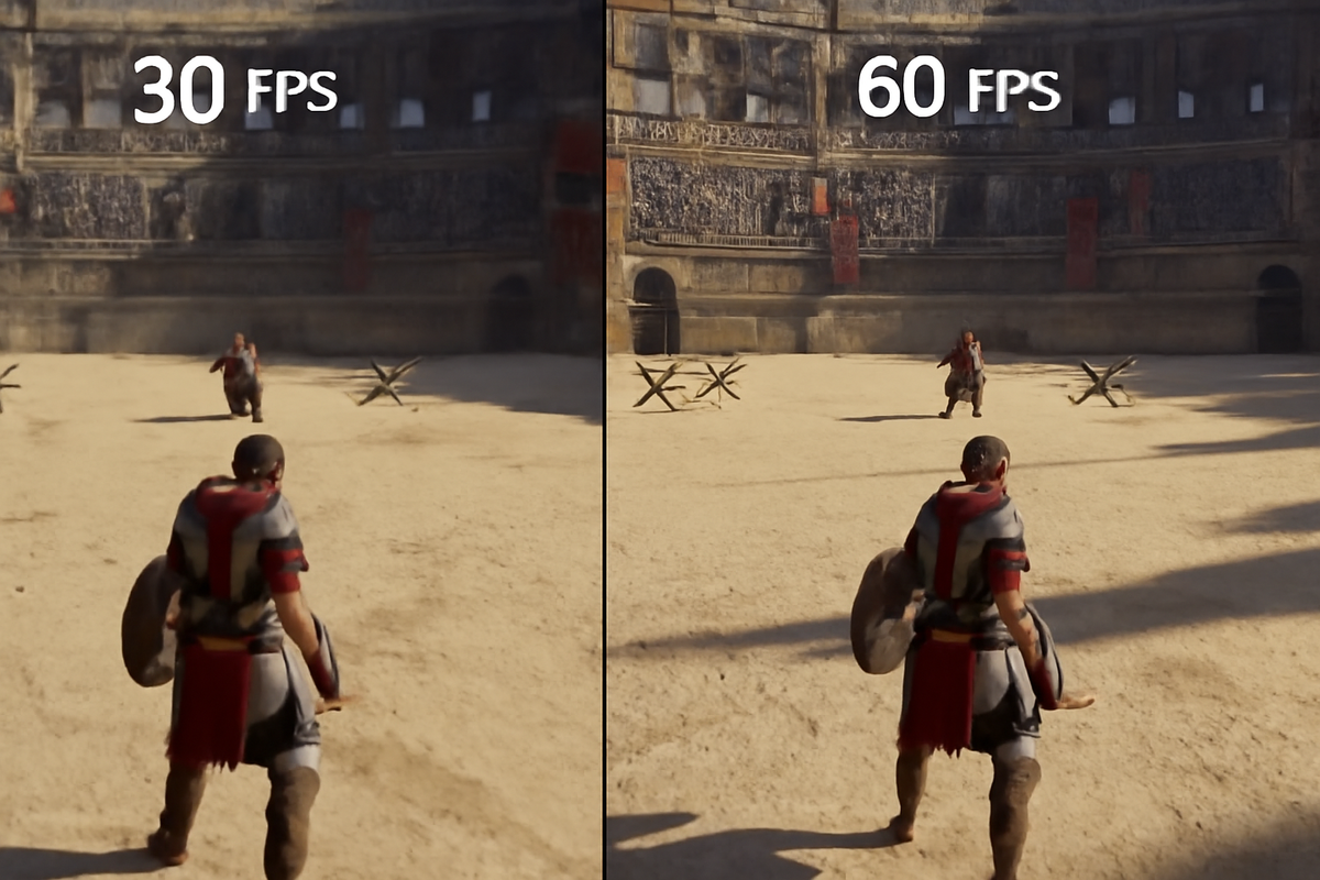30 FPS vs 60 FPS split-screen gameplay comparison in a sandy arena—left blurry vs right buttery-smooth; next-gen performance jump explained, instant clarity