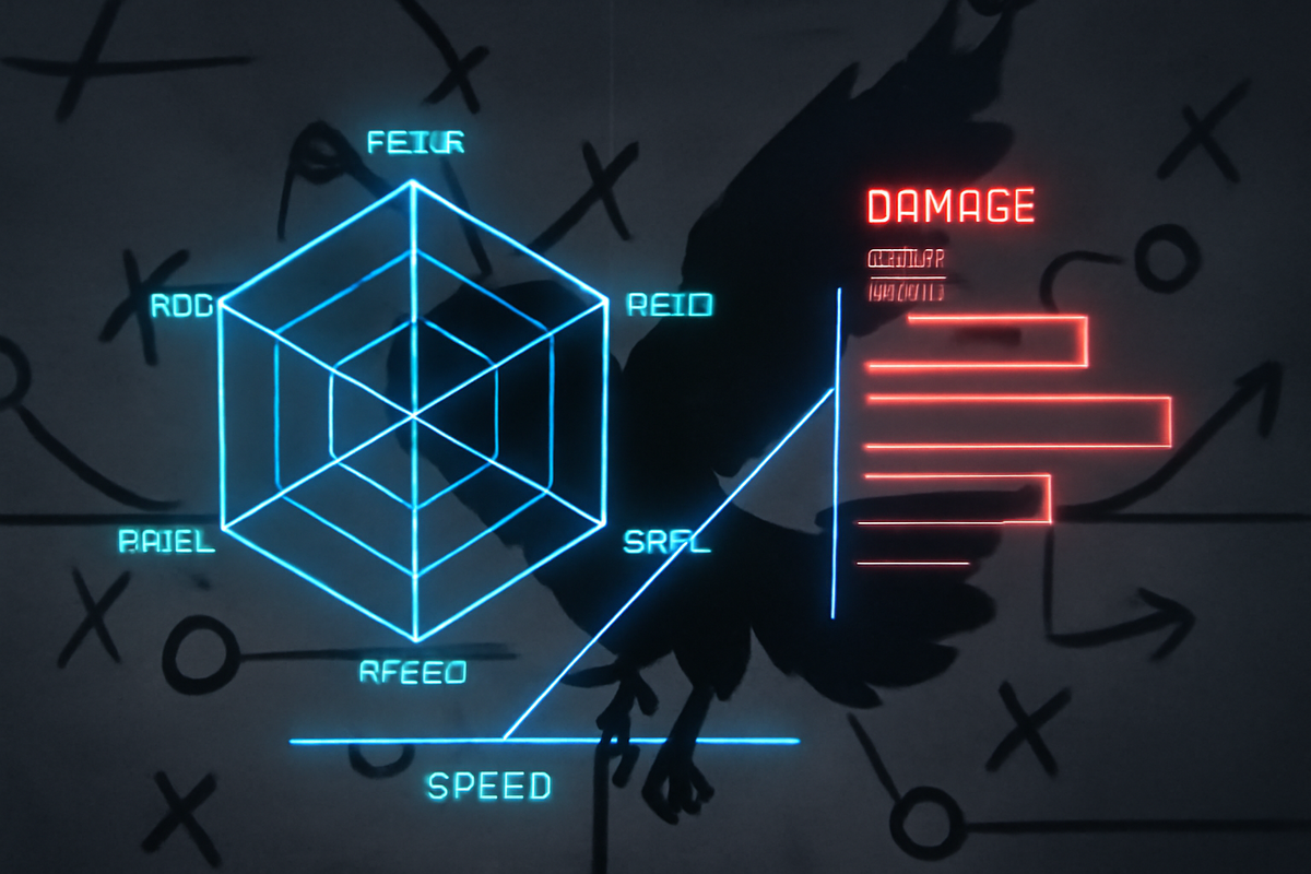 Neon battle analytics overlay—radar chart, speed slope, DAMAGE bars—projected on a bird-fighter silhouette; competitive meta prediction, electric strategy vibes