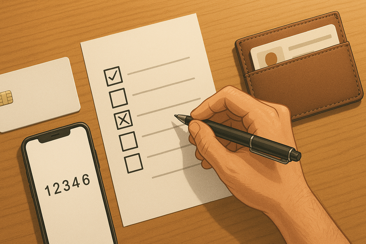 Overhead checklist with a hand ticking boxes, phone showing a generic 6-digit verification code, blank card and ID—clear prerequisites, organized calm, focused and ready-to-win vibe
