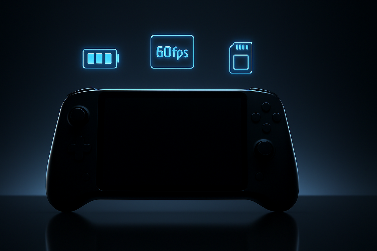 Silhouette of a next-gen handheld console with glowing icons for battery, 60fps, and storage—sleek specs at a glance, futuristic precision, performance-driven excitement