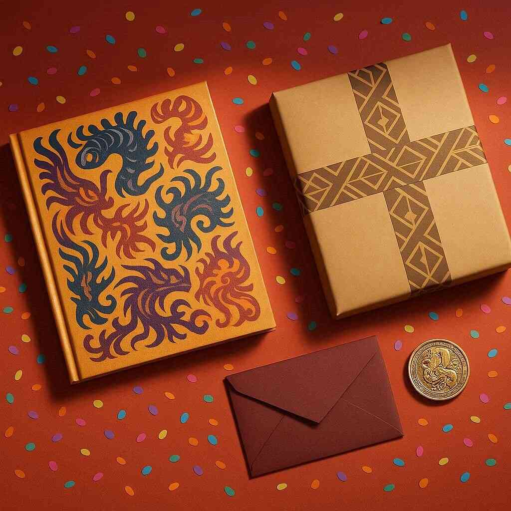 Premium gift bundle flat-lay: abstract artbook, sealed envelope, collectible coin, and wrapped box on confetti—exclusive early-buyer perks, festive delight, premium texture and joy