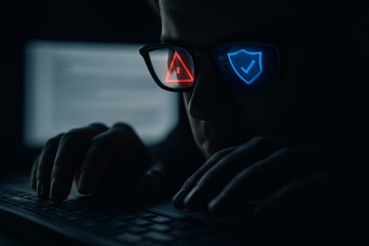 Dark desk close-up with hands on keyboard; glasses reflect a red warning triangle and blue shield—risk versus protection, cautious tension, cybersecurity awareness, vigilant mood