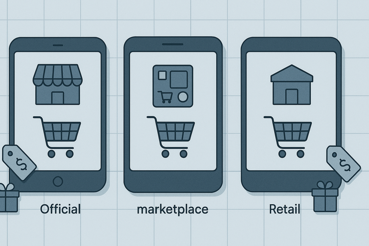 Three tablets with generic shop carts labeled official/marketplace/retail and price tags—clean side-by-side channel comparison, data-centric clarity, trustworthy and decision-ready