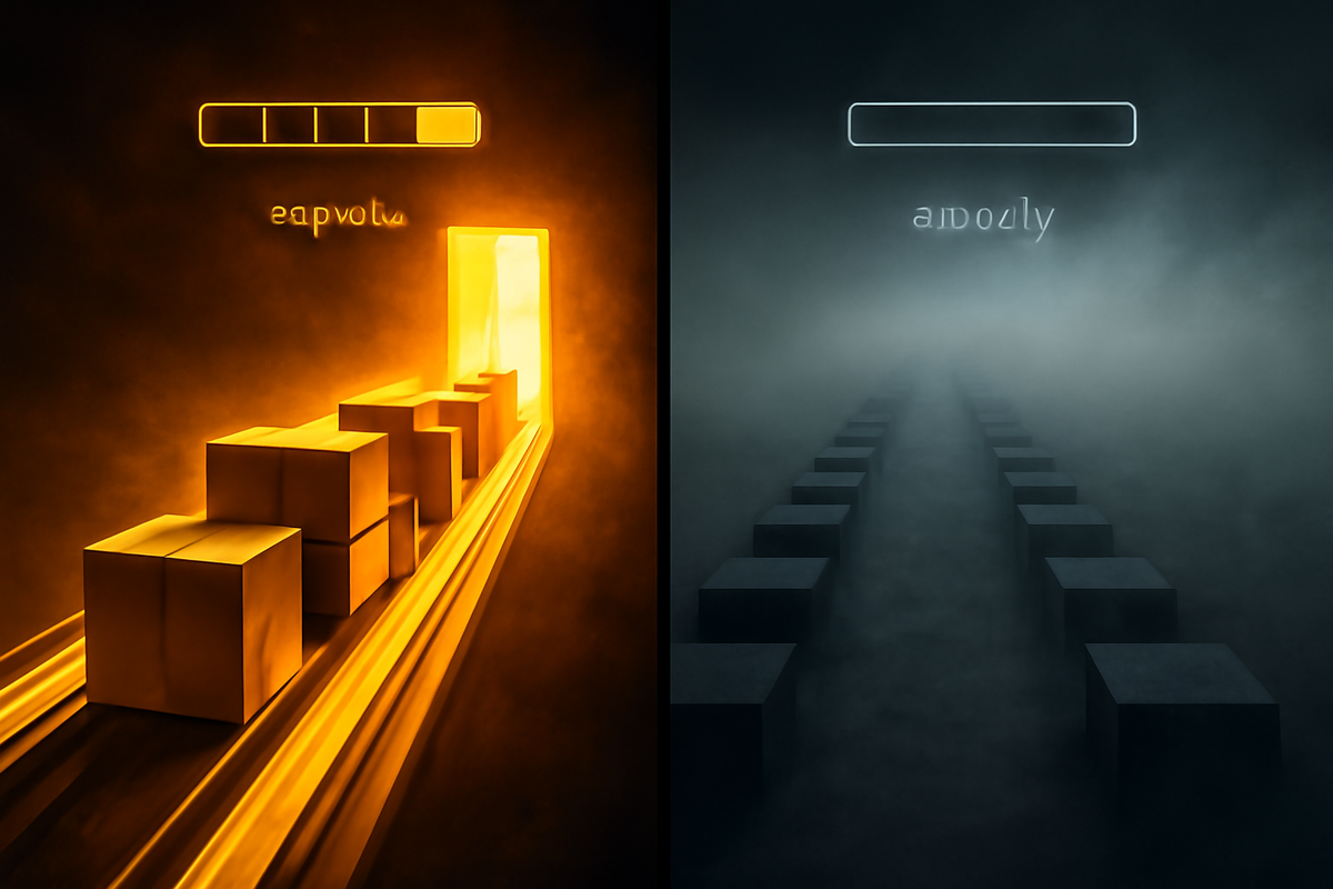 Visceral split path: golden express conveyor of boxes into light vs foggy endless cubes—year-end delivery for veterans vs uncertain waitlist, raw urgency and hope