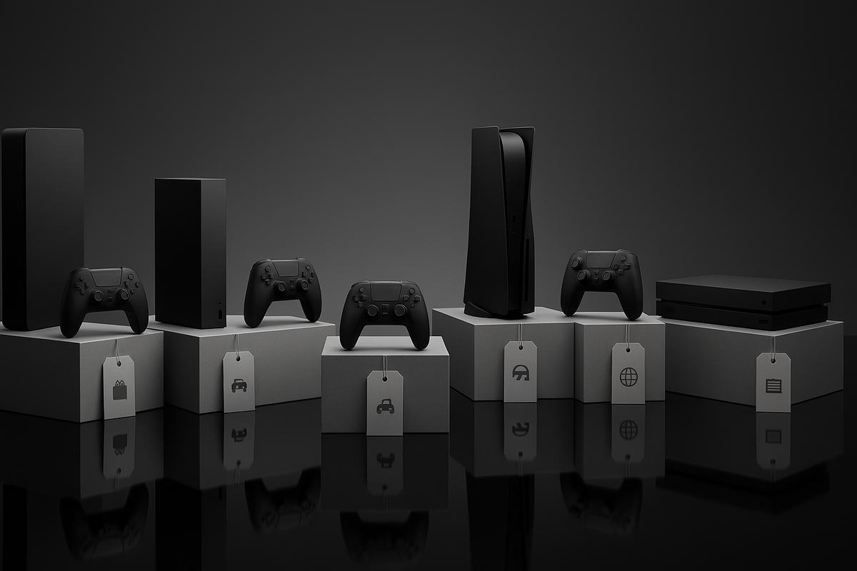 Studio lineup of sleek console silhouettes and controllers on pedestals with neutral tags—Switch 2 product lineup and bundle options, price-ready overview, premium minimalist mood