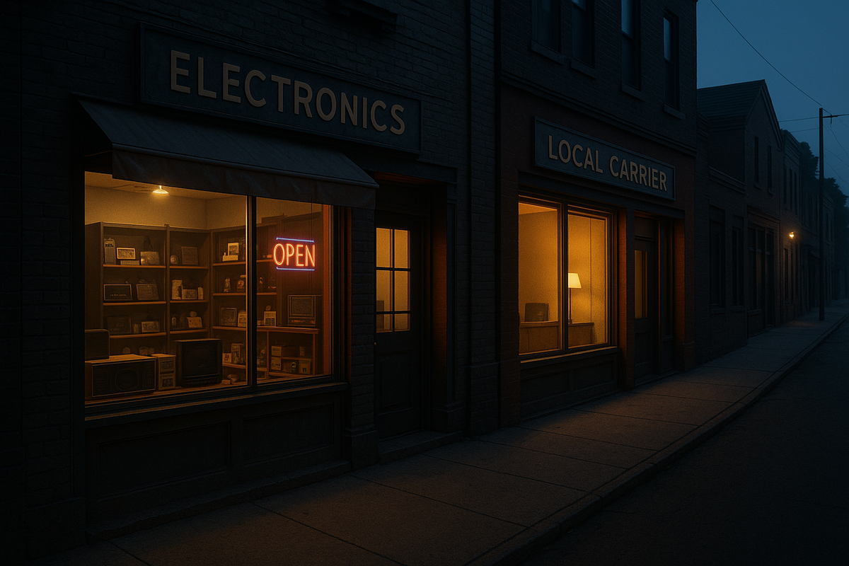 Quiet dawn street with a small electronics shop and local carrier store lit inside—hidden in-person iPhone 17 stock, short-line hope, cozy treasure-hunt energy
