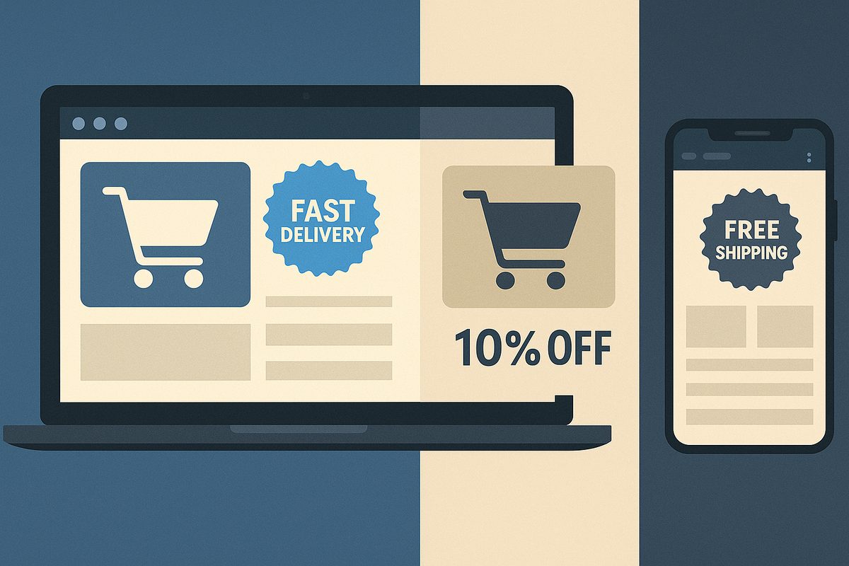 Laptop and smartphone showing anonymous carts with badges “FAST DELIVERY,” “FREE SHIPPING,” and “10% OFF”—online route comparison for iPhone 17, decisive deal-hunting thrill, data-driven clarity