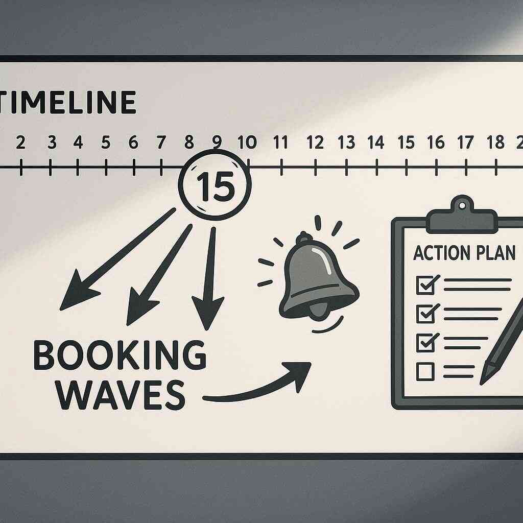 Minimal timeline board with a circled mid-month date, arrows for booking waves, ringing bell, and action checklist—exact iPhone 17 preorder schedule, calm control, zero-miss readiness