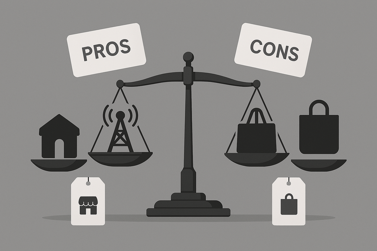 Balanced scales with neutral icons for official store, carrier, and retailer—pros vs cons of iPhone 17 purchase routes, price-perk-warranty trade-offs, rational yet practical mood