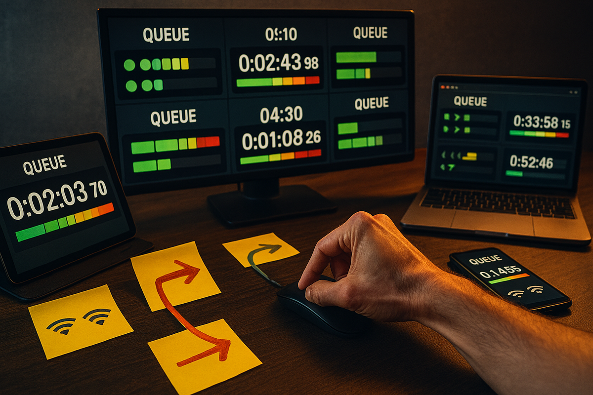 War-room desk of screens counting queue times, sticky-note arrows, and a hand on the mouse—multi-route iPhone 17 strategy, network switching, adrenaline precision, pro-level control