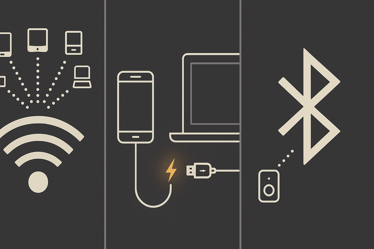Three-way tethering at a glance—Wi-Fi hotspot to many devices, USB tethering while charging, Bluetooth one-to-one low power—practical how-to tri-panel with calm, instructional clarity